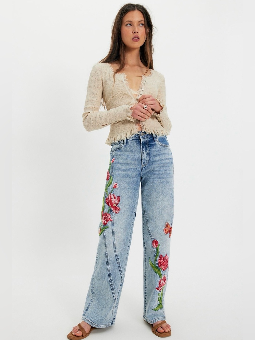 Driftwood X Free People Ira Twisted Seam Jeans~ Twirly Tulips